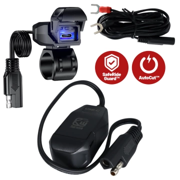 Kewig USB-C Motorradladegerät 36W, QC-Schnellladung, wasserdicht (IP65) mit Ein-/Ausschalter und LED-Hintergrundbeleuchtung, Lenkerhalterung, für Handy, Kamera und Gegensprechanlage – Schwarz