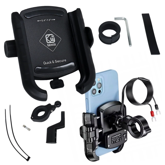 Uchwyt Motocyklowy na Telefon z Szybkim Ładowaniem 36W USB-C PD Kewig do Kierownicy i Lusterka, Rotacja 360°, Kompatybilny z Telefonami 5.4–7" - Czarny