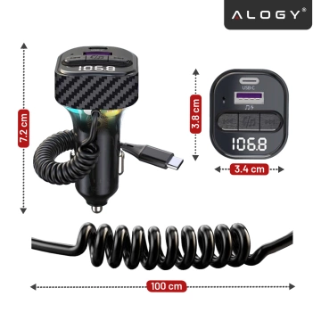 Transmiter FM Bluetooth 5.3 z Ładowarką Samochodową PD 30W QC3.0, Kabel Sprężynowy USB-C, Obsługa Pendrive, Podświetlenie LED 7 Barw – Alogy CarTune™ Czarny