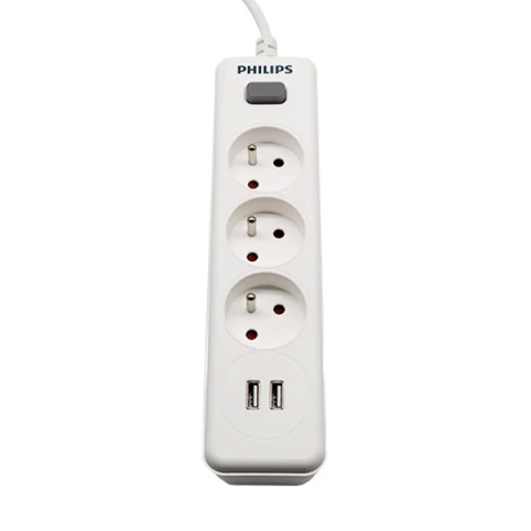 Philips SPN3032WA/60 Strom-Verlängerungskabel (3 Steckdosen, 2 USB-A, 2 m, weiß)