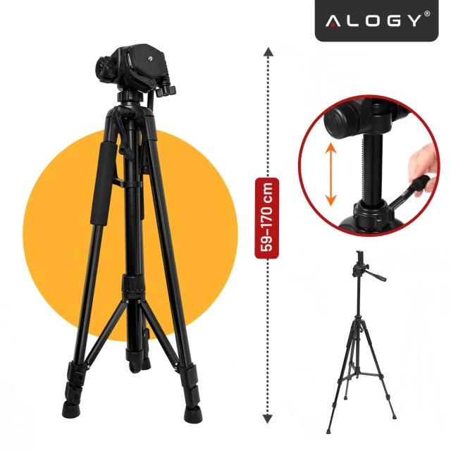 Statyw Fotograficzny Tripod Uniwersalny stojak do Kamer 1/4 uchwyt na telefon aparat 170cm Alogy Czarny