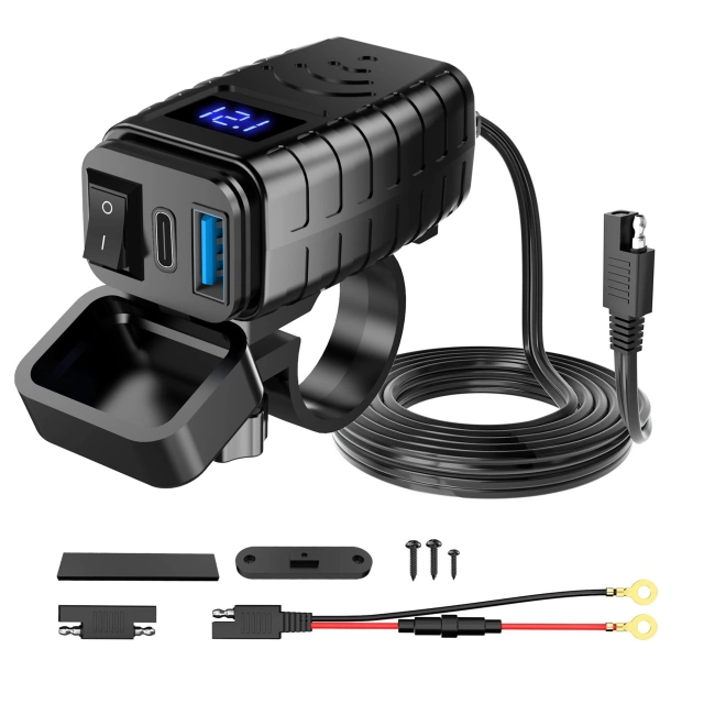 Ładowarka Motocyklowa z Wyświetlaczem, Szybkie Ładowanie 36W PD + QC 3.0, Porty USB-A i USB-C, Wodoodporna i Solidna, Alogy MotoCharge Pro™ – Czarna