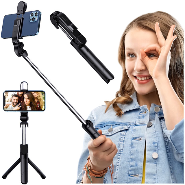 Kijek Selfie Stick Tripod Statyw LED Pilot Bluetooth Uchwyt do telefonu z lampką LED kij wysięgnik 95cm czarny