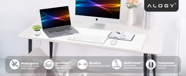 Podkładka na biurko 80×40 cm – antypoślizgowa mata ochronna z eleganckiej ekoskóry PU, pod mysz i klawiaturę, stylowa i trwała – Alogy WorkMat™ Biała