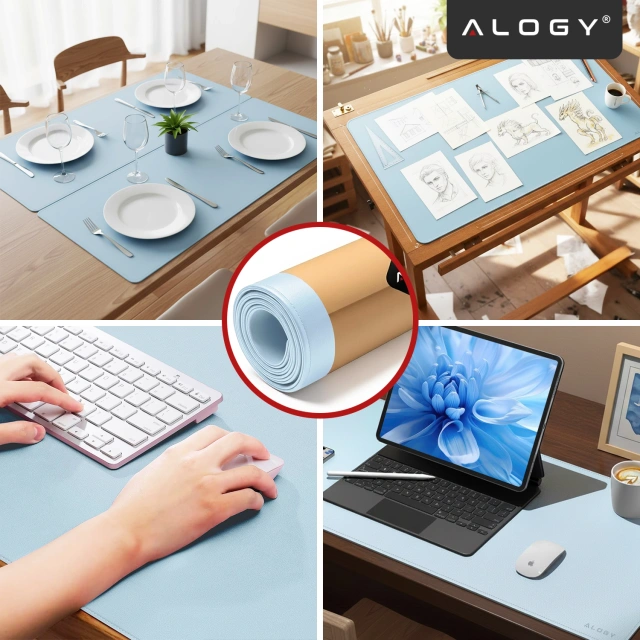 Podkładka na biurko 90×45 cm – antypoślizgowa mata ochronna z eleganckiej ekoskóry PU, pod mysz i klawiaturę, stylowa i trwała – Alogy WorkMat™ Niebieska