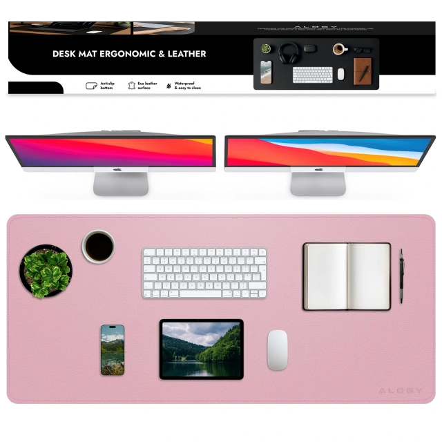 Podkładka na biurko 120×60 cm – antypoślizgowa mata ochronna z eleganckiej ekoskóry PU, pod mysz i klawiaturę, stylowa i trwała – Alogy WorkMat™ Różowa