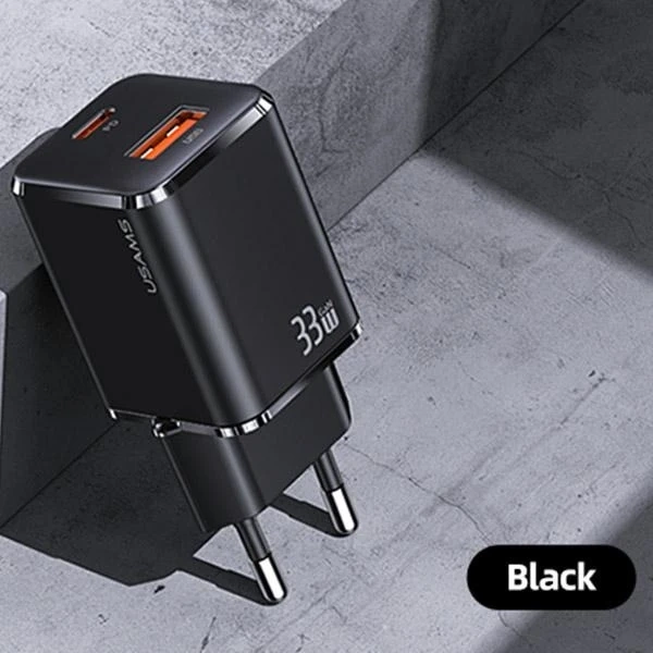 USAMS Ładowarka sieciowa 1xUSB-C+1xUSB T43 33W PD3.0 +QC3.0 + kabel U63 USB-C na lightning czarny/black USKTZ01