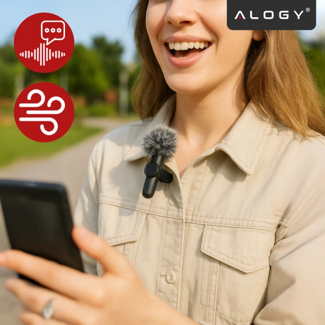Mikrofon Bezprzewodowy 2x Zestaw - Lightning do iPhone, redukcja szumu, lekka konstrukcja, zasięg do 20 metrów - 2x Mikrofon Krawatowy z Futerkową Osłoną, Odbiornik do telefonu - Alogy DualVoice™ Czarny