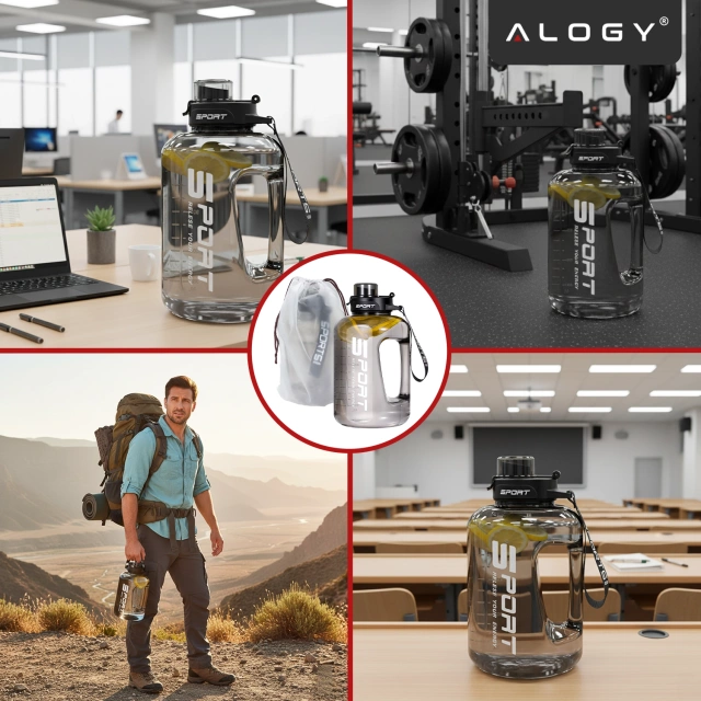 Duża Butelka Motywacyjna na Wodę 1.7L Bidon Sportowy z Miarką, Uchwytem i Pokrywką 2w1 (Dzióbek + Słomka), Wygodna i Szczelna, Alogy Sport 1700ml – Czarna