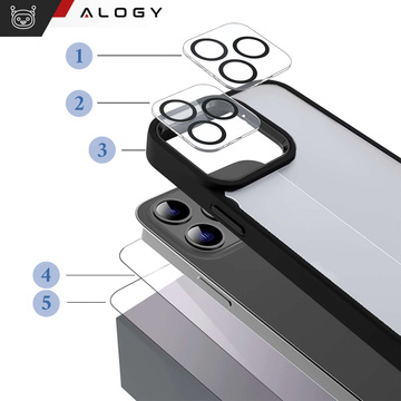 Hülle für iPhone 15 Pro Gehäuse Case 2x Bildschirmglas und 2x Linse gepanzert Alogy 360 Hybrid Set 5in1 schwarz und transparent