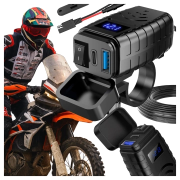 Alogy MotoCharge Pro™ Motorradladegerät mit Display, 36 W PD QC 3.0 Schnellladung, USB-A- und USB-C-Anschlüsse, wasserdicht und robust, Schwarz