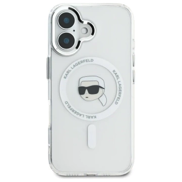 Karl Lagerfeld Hülle für iPhone 16 6,1" Weißes MagSafe Hardcase IML Metal Karl Head