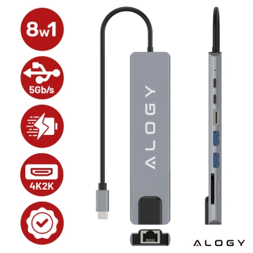 Hub 8w1 USB-C do 2xA+2xC+HDMI+SD+Micro+LAN 100mb – Alogy MultiHub™ Do Notebooka Laptopa