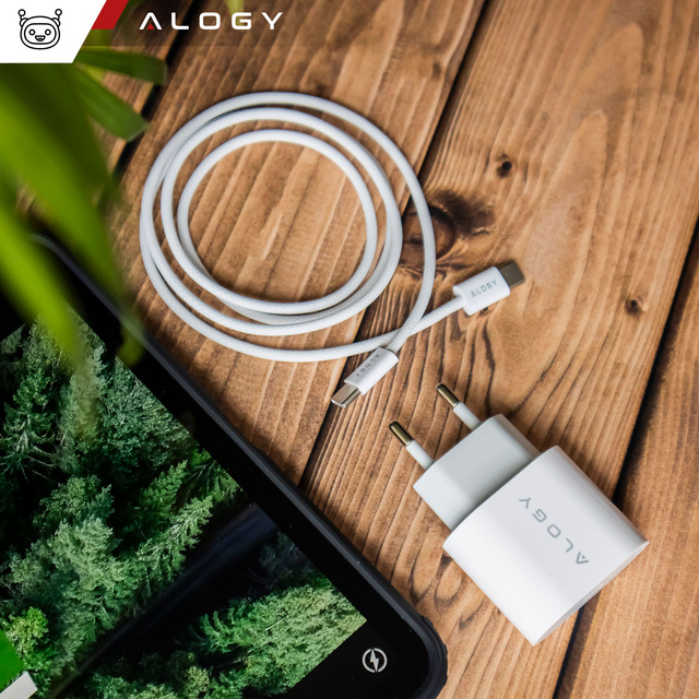 Ładowarka sieciowa szybka mocna 35W USB-C USB typ C PD GaN do iPhone Samsung +Kabel type-C 1m Alogy Biała