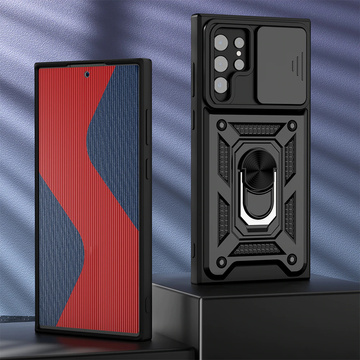 Gepanzerte Hülle mit Kameraabdeckung Alogy Camshield Stand Ring für Samsung Galaxy S22 Ultra schwarz