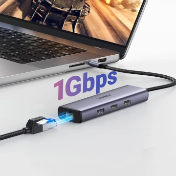 HUB 6in1 Ugreen CM512 USB-C HDMI RJ45 3xUSB-A PD 100W Grau