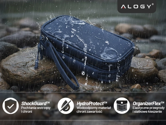 Etui Podróżne na Akcesoria, Organizer na Kable, Ładowarki, Telefon i Powerbank, Wielofunkcyjne i Kompaktowe 21 x 12,5 x 5 cm, Alogy TravelPack™ – Granatowe