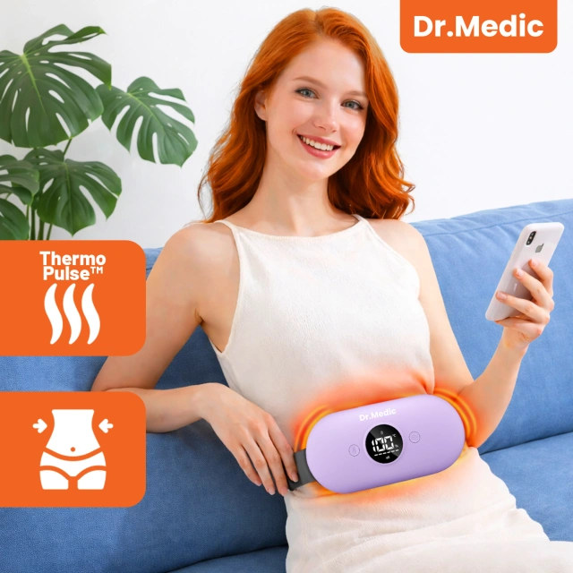 Pas Grzejący z Masażerem na okres i plecy - przeciwbólowy, ciepło + wibracje, 6 poziomów intensywności, akumulator 1800 mAh - Dr.Medic ThermoPulse™ Fioletowy