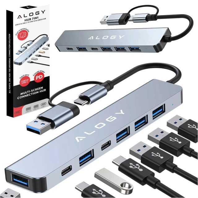 Adapter HUB 7w1 Alogy przejściówka USB-C / USB do USB 3.0 4x USB 2.0 2x USB-C 2.0
