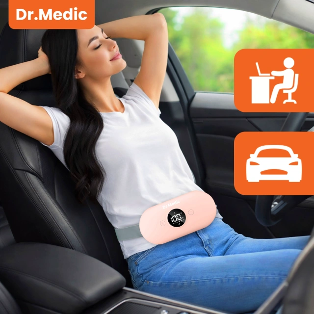 Pas Grzejący z Masażerem na okres i plecy - przeciwbólowy, ciepło + wibracje, 6 poziomów intensywności, akumulator 1800 mAh - Dr.Medic ThermoPulse™ Różowy