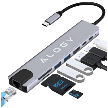 Hub 8w1 USB-C do 2xA+2xC+HDMI+SD+Micro+LAN 100mb – Alogy MultiHub™ Do Notebooka Laptopa