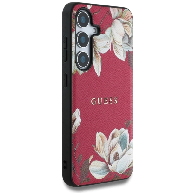 Etui Guess Grained Printed Flower MagSafe do Samsung Galaxy S25 Fuksja