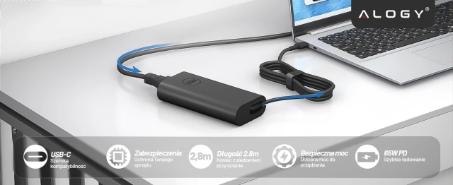 Zasilacz USB-C 65W PD do Laptopów HP Lenovo Asus Apple, Szybkie Ładowanie 20V 3.25A, Długi Kabel 2.8m, Kompaktowy i Wydajny, Alogy PowerBoost™ – Czarny