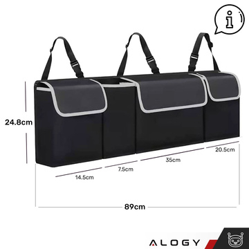 Auto-Organizer, Tasche für den Kofferraum des Autos, großer Kofferraum für den Sitz mit Klettverschluss, Alogy Black, 2x Kopfstützenhalterung