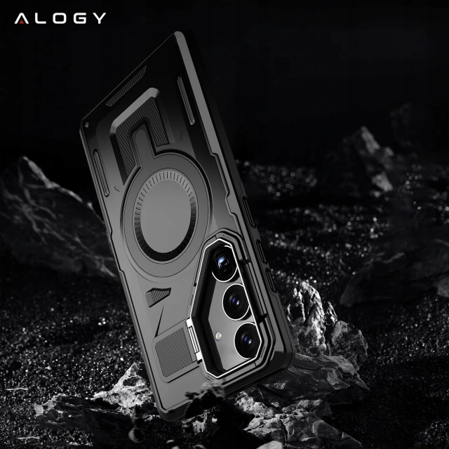 Etui do Samsung Galaxy S25 Case do MagSafe Wzmocniona Pancerna ochrona obiektywów z funkcją podstawki obudowa ochronna na telefon Alogy HeavyDuty Mag™️Czarne