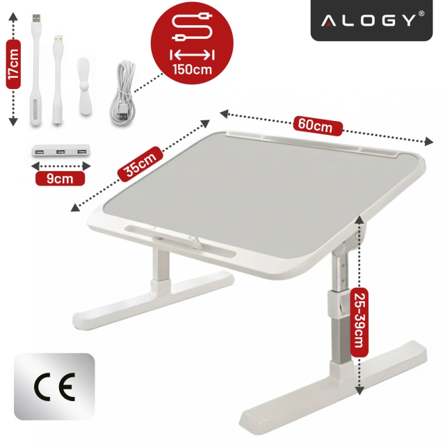 Stolik składany regulowany 60×35 cm – biurko na laptopa z szufladą i portem USB, składane nogi, stabilna konstrukcja do pracy i nauki – Alogy FoldDesk™