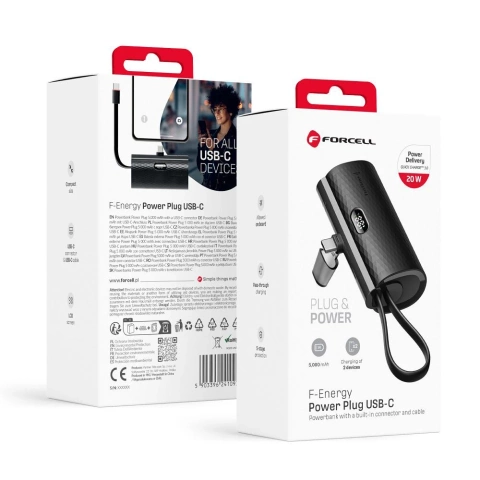 FORCELL F-ENERGY Power Plug F5K3 Powerbank mit integriertem Typ-C PD-Anschluss 20W 5000mAh Schwarz
