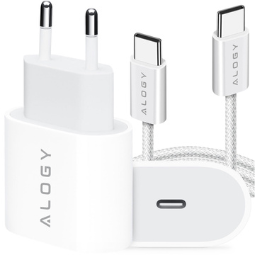 Ładowarka sieciowa szybka mocna 35W USB-C USB typ C PD GaN do iPhone Samsung +Kabel type-C 1m Alogy Biała