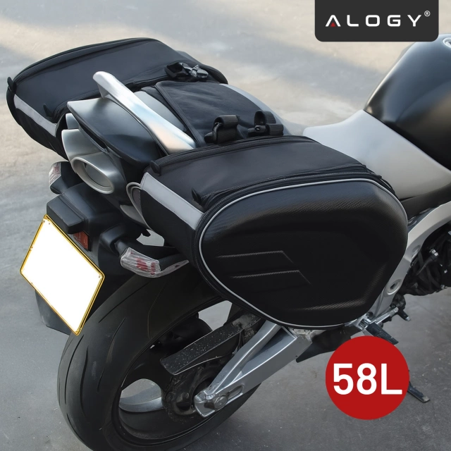 Sakwa Motocyklowa 38–58L – Torba, Kufry boczne, Sakwa na Tylne Siedzenie, Wodoodporna, Twardy Materiał, Regulowana na Motocykl – Alogy RoadPack™ Czarna