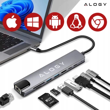 Hub 8w1 USB-C do 2xA+2xC+HDMI+SD+Micro+LAN 100mb – Alogy MultiHub™ Do Notebooka Laptopa