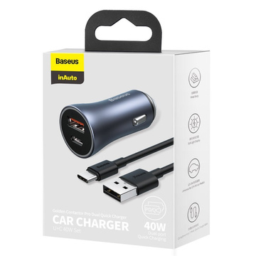 Baseus Golden Contactor Pro Autoladegerät, USB USB-C, QC4.0, PD, SCP, 40 W (grau) USB-zu-USB-C-Kabel 1 m
