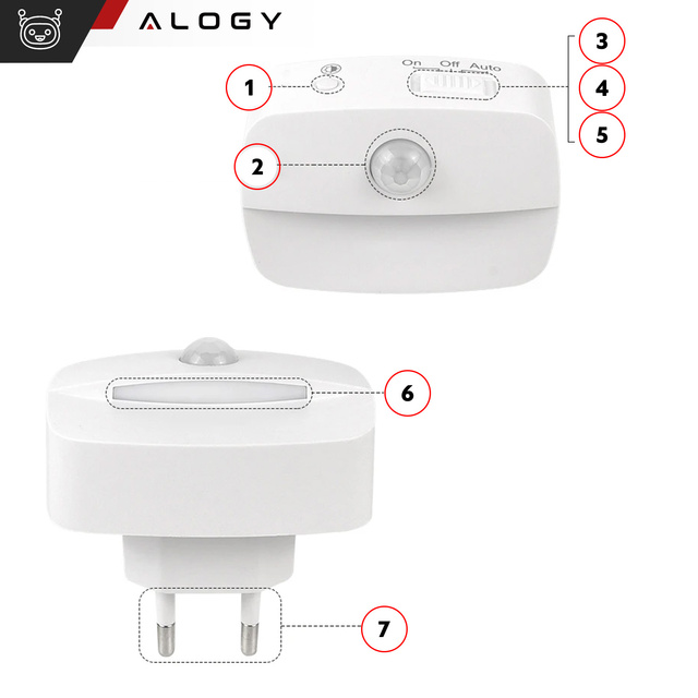 2x Lampka nocna LED z czujnikiem ruchu do gniazdka EU 3 barwy światła Alogy Night Light Biała