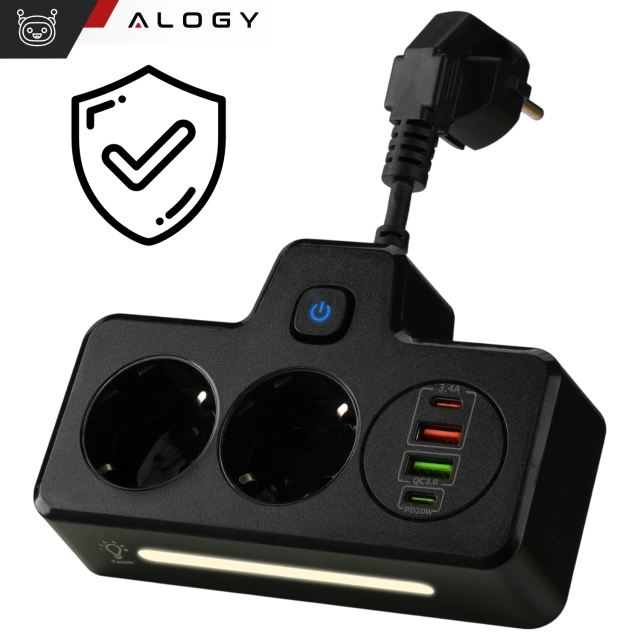 Rozgałęźnik gniazdka Alogy Plug Extender rozdzielacz adapter przedłużacz 2x wtyczka EU + 2x USB + 2x USB-C Czarny
