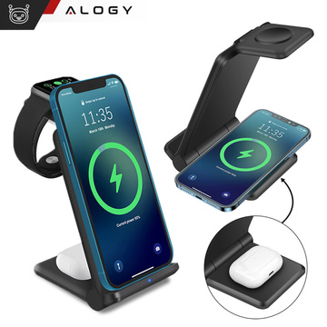 Kabelloses induktives Ladegerät 3in1 Qi 15W für iPhone, Apple Watch, AirPods-Ladestation, Alogy-Ständer, schwarz