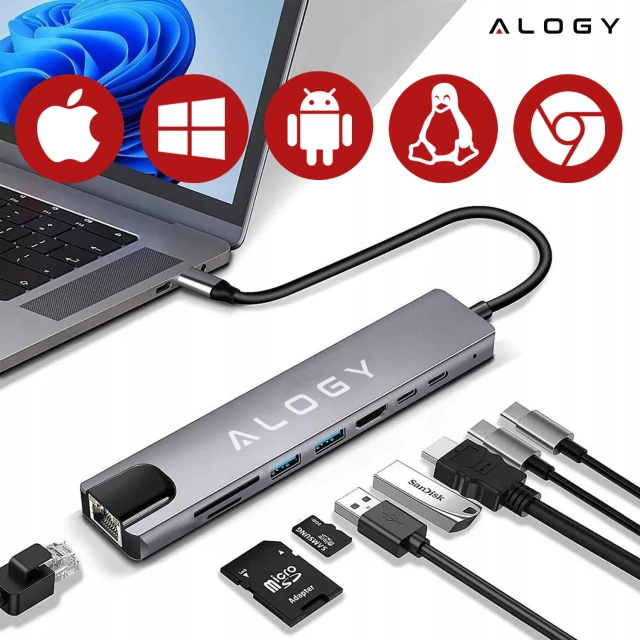 Hub 8w1 USB-C do 2xA+2xC+HDMI+SD+Micro+LAN 100mb – Alogy MultiHub™ Do Notebooka Laptopa