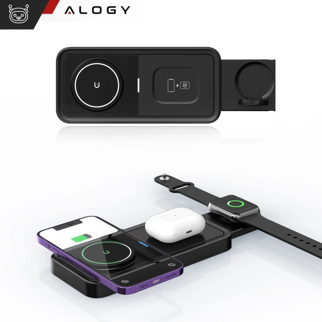 Ładowarka Indukcyjna Alogy Bezprzewodowa Qi PD QC 3.0 2w1 Szybka do Apple iPhone Airpods Watch Stacja ładująca stojak czarna