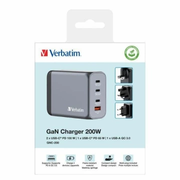 Verbatim GaN 200W Wandladegerät 3xUSB-C/USB-A-Adapter