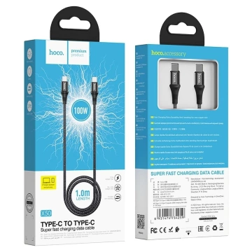 HOCO Kabel Typ C auf Typ C X50 1m Schwarz PD 100W 5A Nylongeflecht