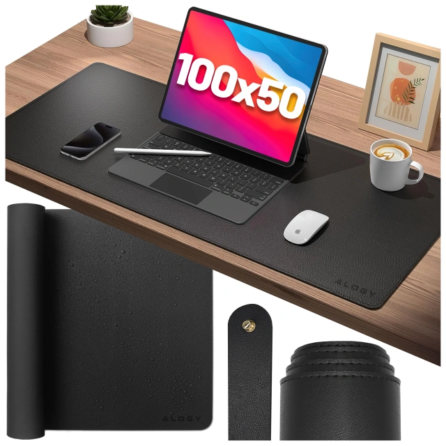 Podkładka na biurko 100×50 cm – antypoślizgowa mata ochronna z eleganckiej ekoskóry PU, pod mysz i klawiaturę, stylowa i trwała – Alogy WorkMat™ Czarna