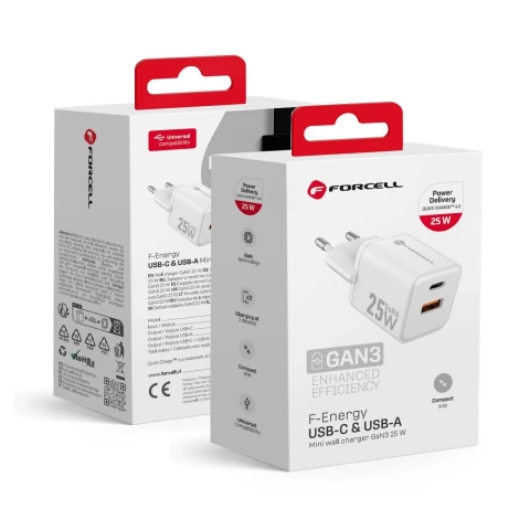 Forcell Mini GaN III 25 W USB-C USB-A PD QC 4.0 Wandladegerät