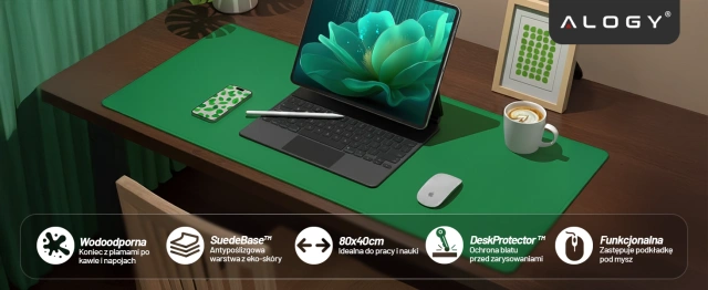 Podkładka na biurko 80×40 cm – antypoślizgowa mata ochronna z eleganckiej ekoskóry PU, pod mysz i klawiaturę, stylowa i trwała – Alogy WorkMat™ Zielona