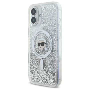 Etui Karl Lagerfeld do iPhone 16 6.1" Magsafe Hardcase Transparent Liquid Glitter Karl Head 