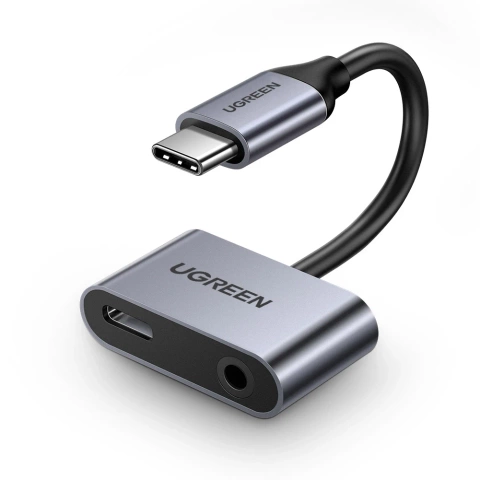 Adapter Ugreen CM193 USB-C do mini jack 3.5 mm + USB-C Ładowanie Szary