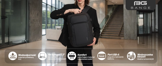 Plecak wodoodporny Bange 23L na laptopy do 17.3" – pojemny i wygodny, port USB do ładowania, miejski i podróżny do pracy i samolotu, z wodoodporną kieszenią na kosmetyki – Czarny