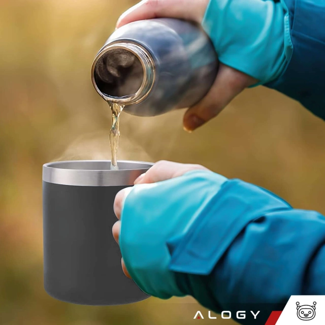 Kubek termiczny 420ml z uchwytem pokrywką na kawę herbatę stalowy zimne i ciepłe napoje Alogy Szary + Szczotka do mycia
