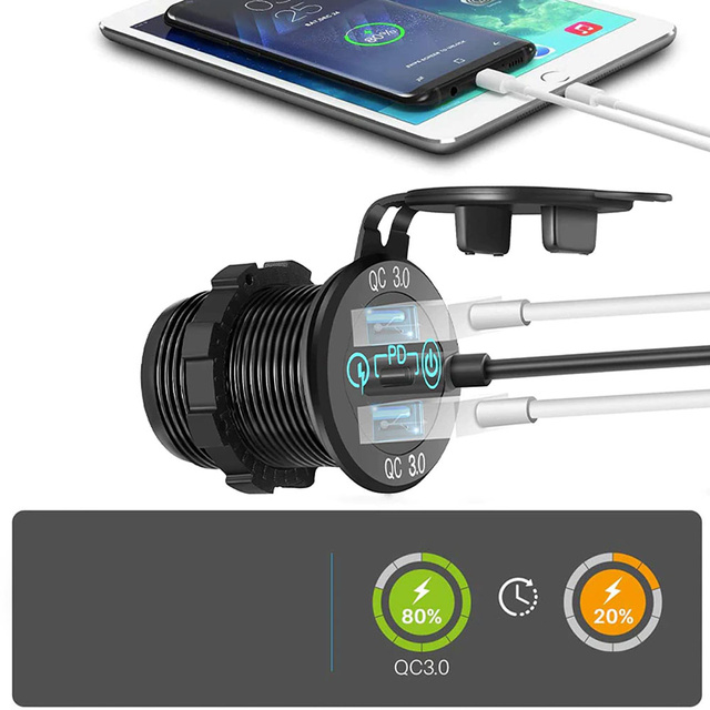 Ładowarka samochodowa LED gniazdo Alogy Mini Car Charge do motocykla zasilacz konektory Alogy 2x USB QC 3.0 + USB-C PD 60W